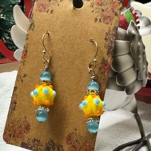 Yellow and Blue Lampwork and Cats Eye Earrings 2/$22
